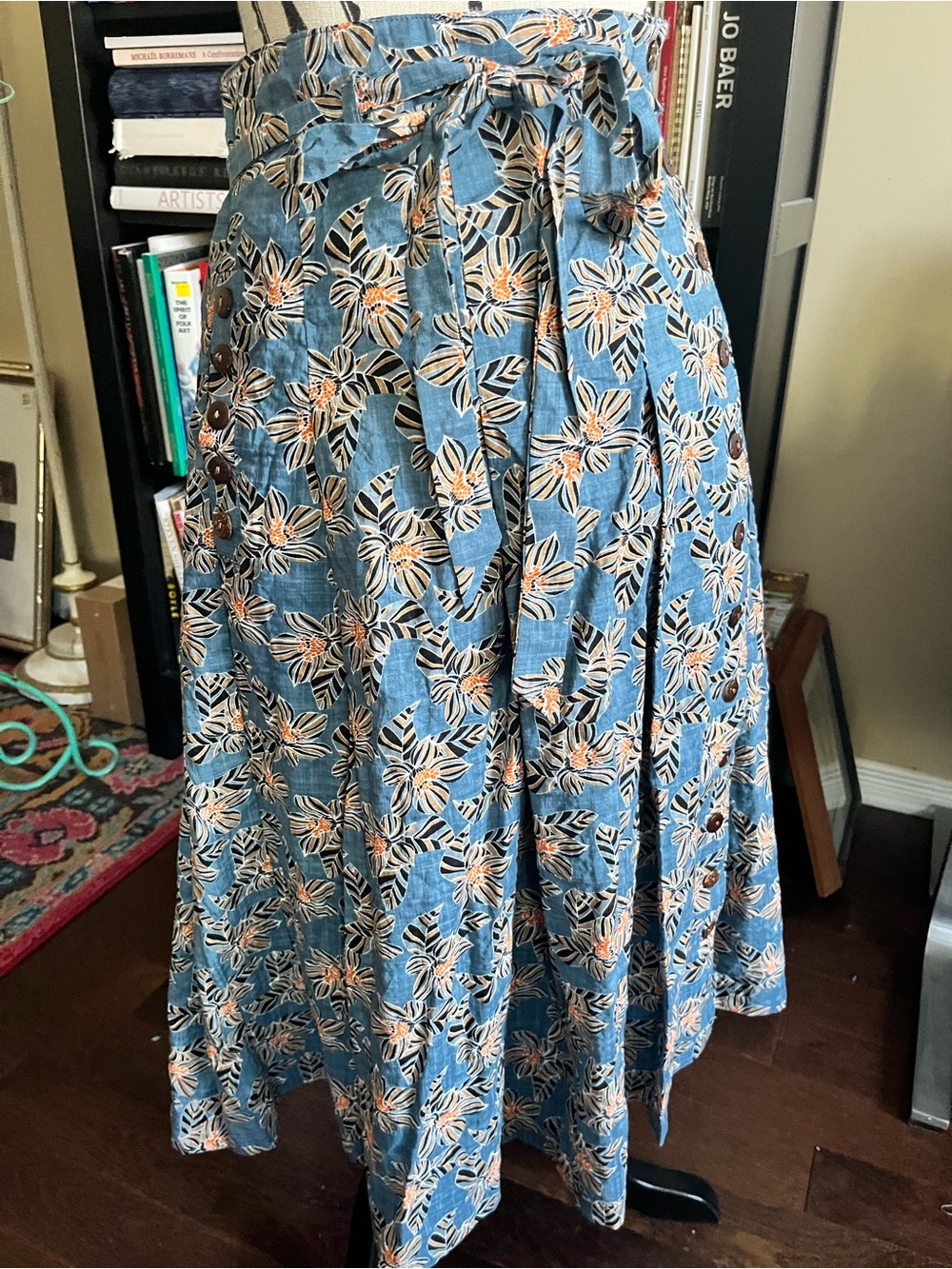 ModCloth Floral Blue Midi Wrap Skirt with Tie Waist